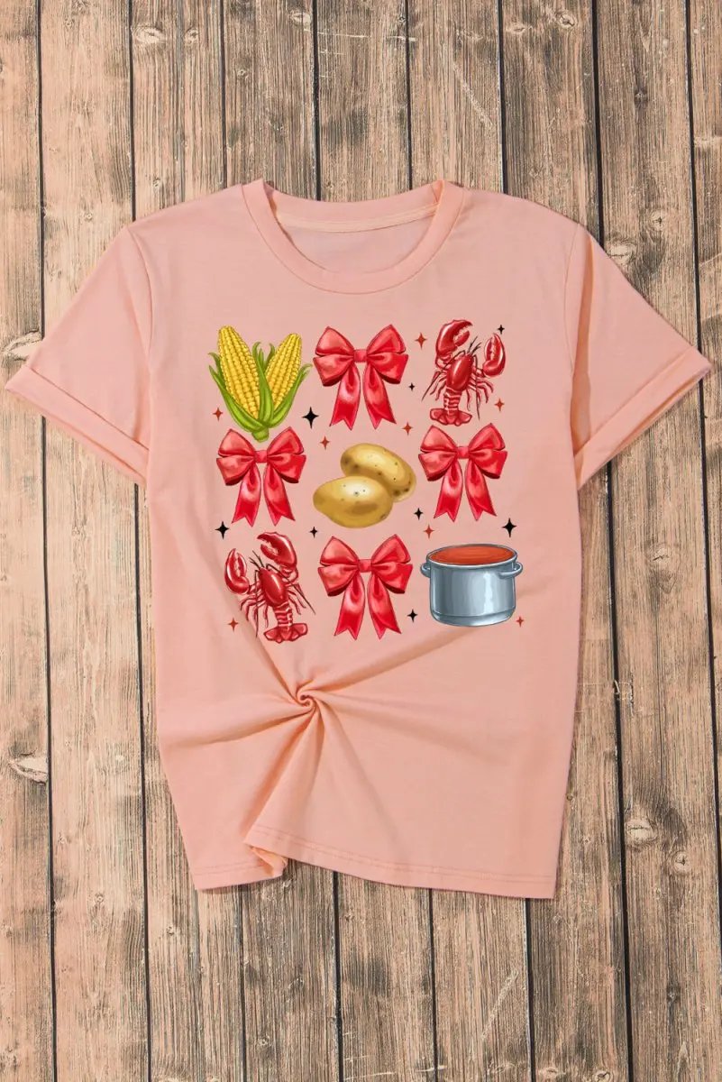 Pink Summer Food Bow Crawfish Printed T Shirt for Women - Love Salve